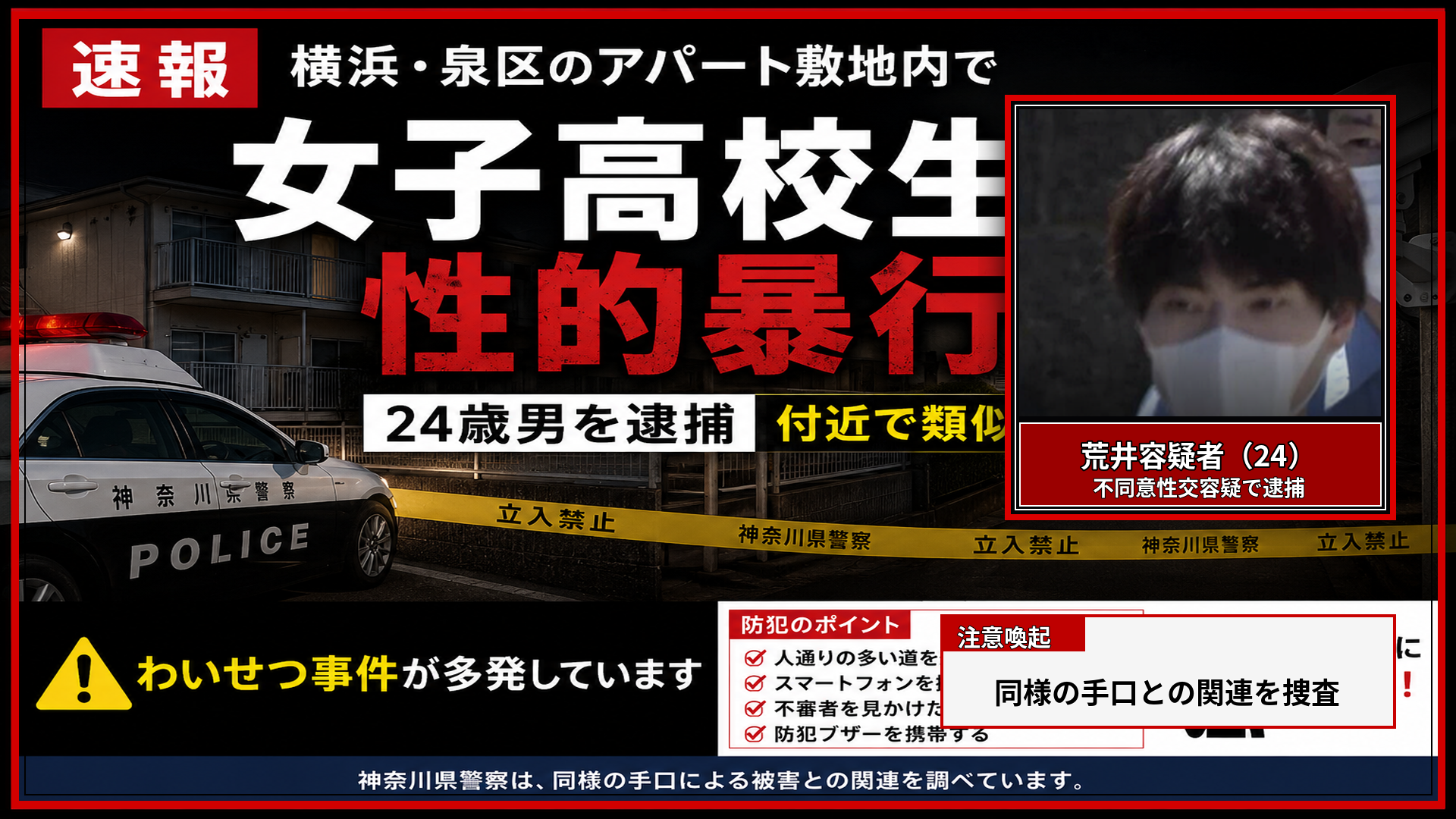 横浜市泉区のアパート敷地内で女子高校生が被害に遭い24歳男が逮捕された事件の報道画像