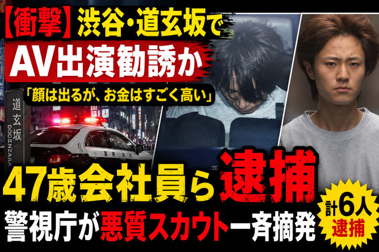 渋谷・道玄坂の繁華街でAV出演勧誘疑いの悪質スカウトが摘発されたことを伝える報道アイキャッチ