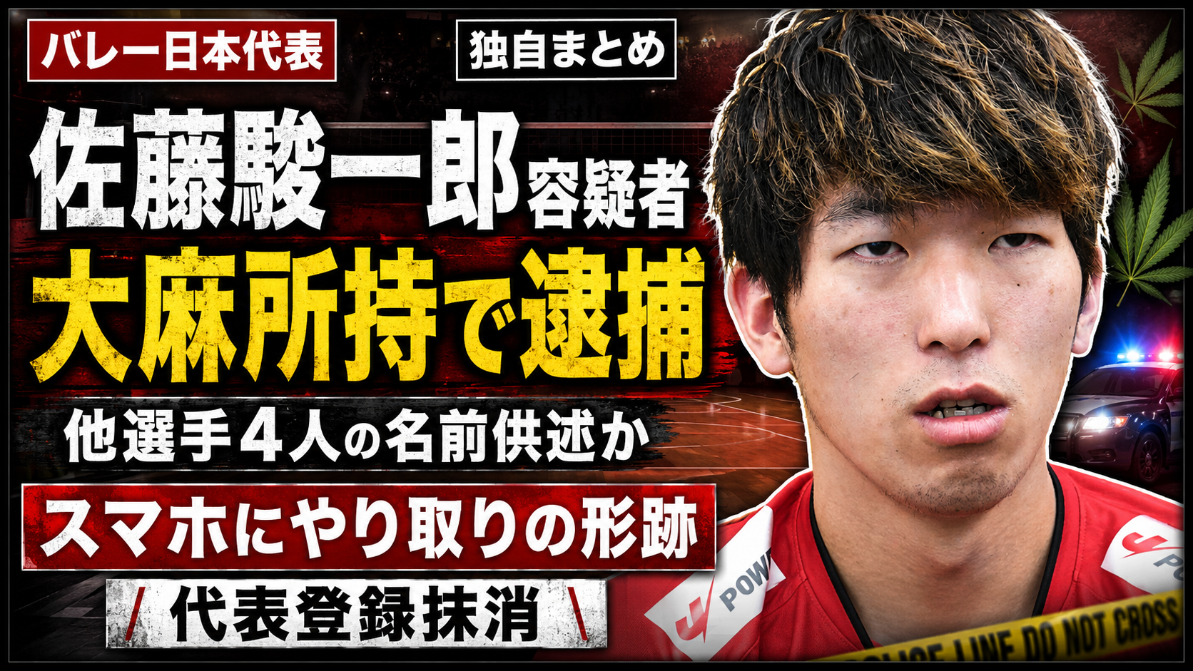 バレーボール男子日本代表だった佐藤駿一郎容疑者の大麻所持事件と協会対応を伝える報道イメージ