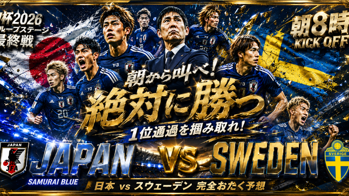 W杯2026グループステージ最終戦、日本代表対スウェーデン代表の試合前予想を伝える金枠のサッカーアイキャッチ