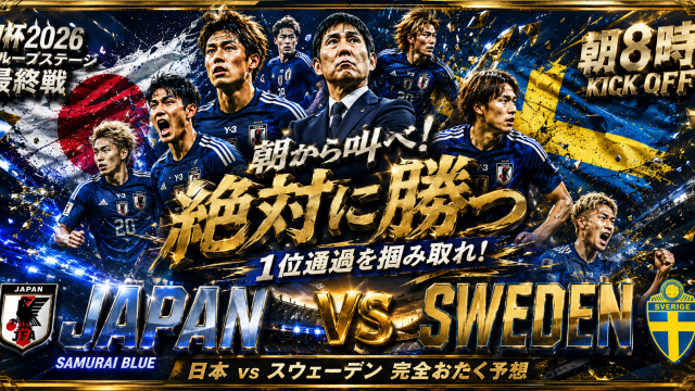 W杯2026グループステージ最終戦、日本代表対スウェーデン代表の試合前予想を伝える金枠のサッカーアイキャッチ