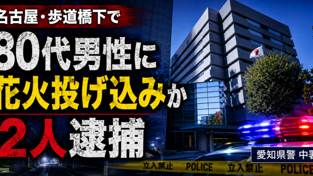 名古屋市中区の歩道橋下で路上生活中の80代男性がやけどを負い、花火投げ込み疑いで2人が逮捕された事件を伝える報道アイキャッチ
