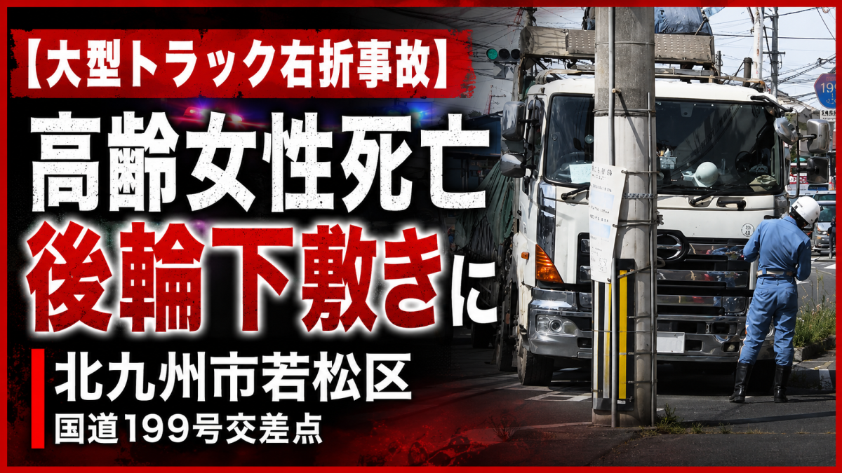 北九州市若松区今光の国道199号交差点で大型トラックの右折に高齢女性が巻き込まれ死亡した事故を伝える報道アイキャッチ