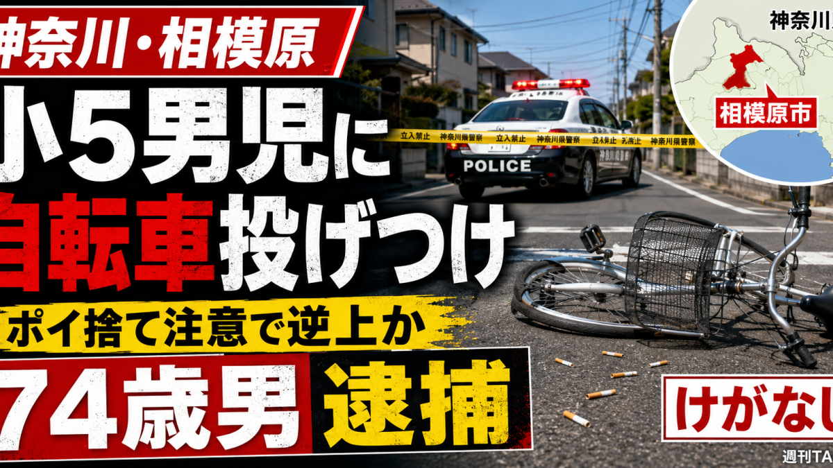 神奈川県相模原市でタバコのポイ捨てを注意した小学5年生の男児に自転車を投げつけたとして74歳男が逮捕された事件を伝える報道アイキャッチ