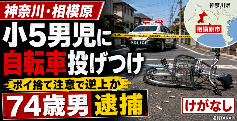 神奈川県相模原市でタバコのポイ捨てを注意した小学5年生の男児に自転車を投げつけたとして74歳男が逮捕された事件を伝える報道アイキャッチ