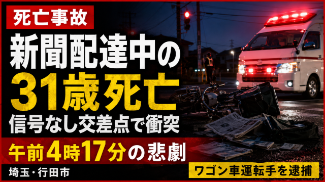 埼玉県行田市の信号なし交差点で新聞配達中のバイクとワゴン車が衝突し、新聞配達員の篠田樹さんが死亡した交通事故の報道アイキャッチ