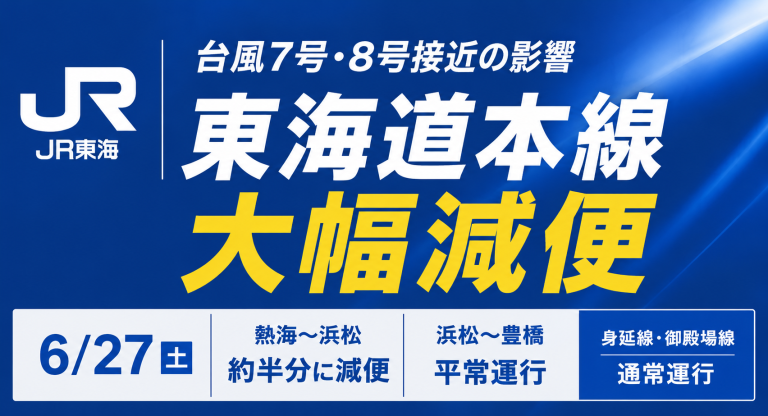 JR東海が台風7号と台風8号の接近に伴い、6月27日に東海道本線の熱海駅から浜松駅間で大幅減便を実施し、浜松駅から豊橋駅間は平常運行予定であることを伝える交通情報アイキャッチ
