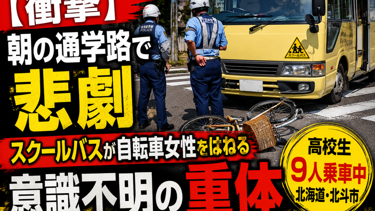 北海道北斗市の交差点でスクールバスと自転車が衝突し、50代女性が意識不明の重体となった交通事故の報道アイキャッチ