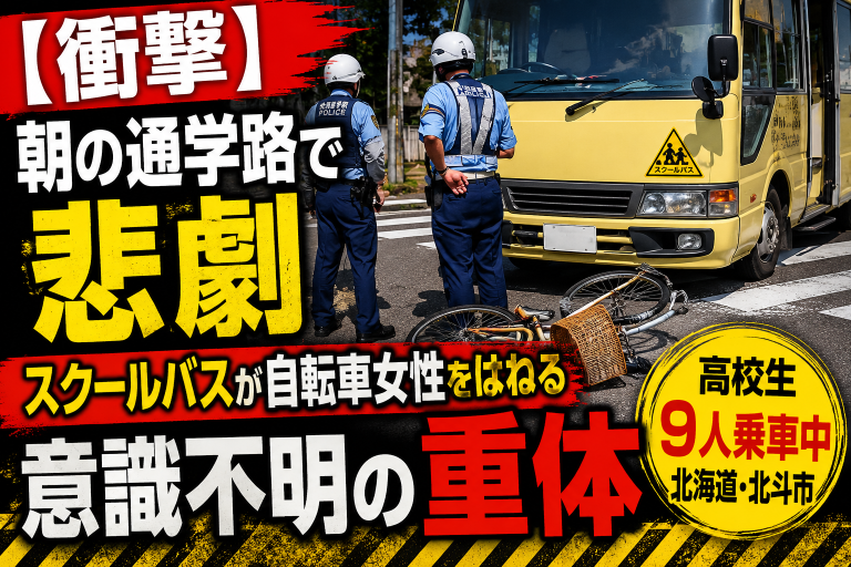 北海道北斗市の交差点でスクールバスと自転車が衝突し、50代女性が意識不明の重体となった交通事故の報道アイキャッチ