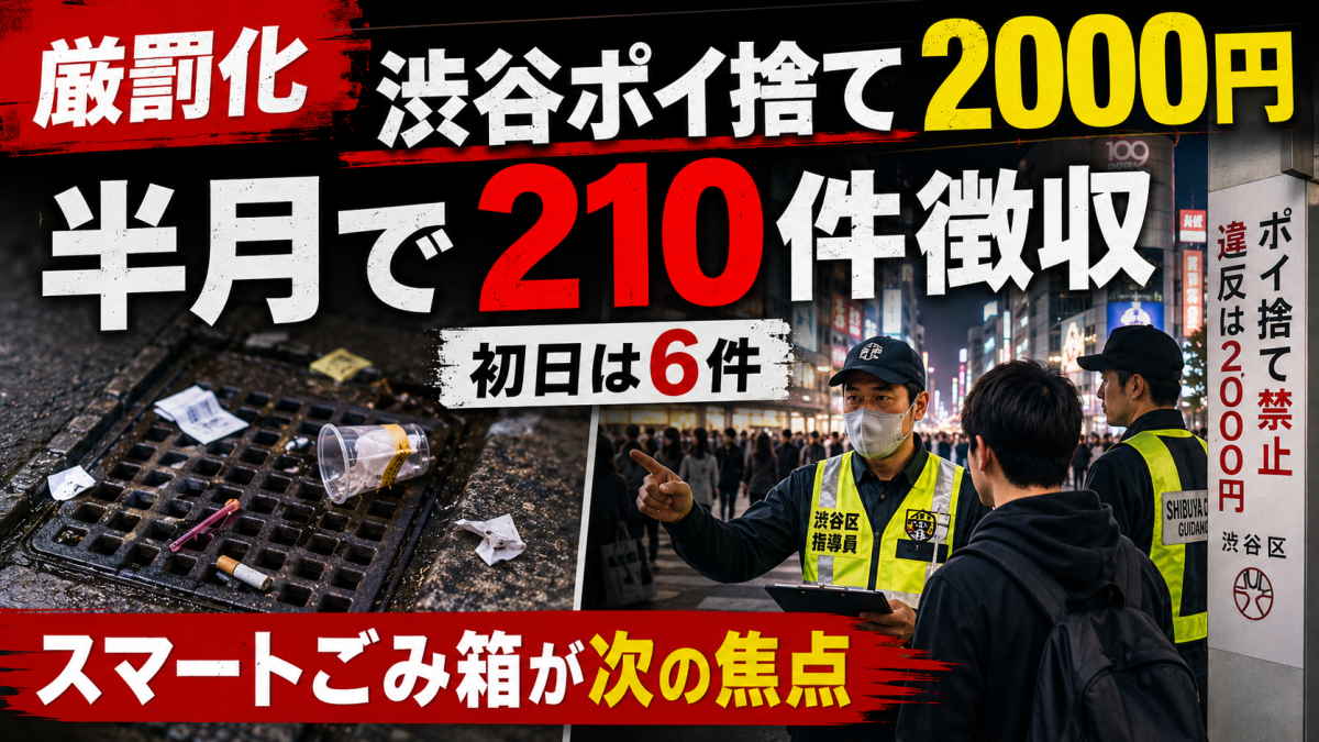 渋谷区でポイ捨て過料2000円の徴収が始まり半月で210件に達した問題とスマートごみ箱設置を伝える報道アイキャッチ