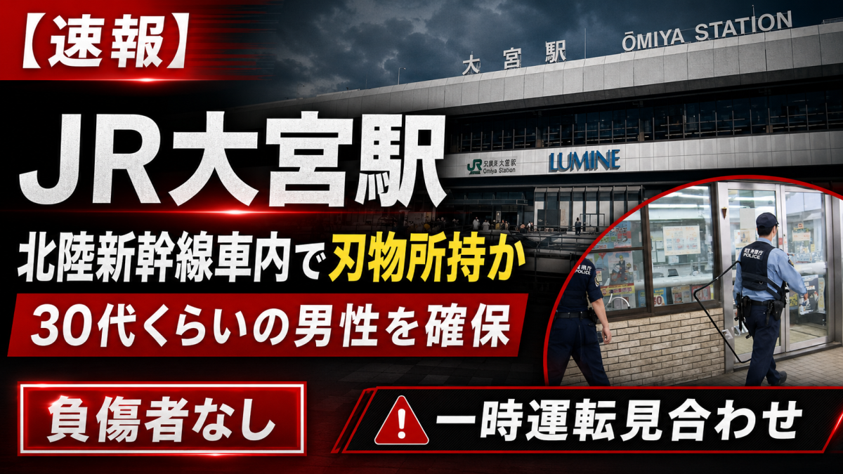 JR大宮駅に停車する新幹線を想起させるシリアスな速報イメージ