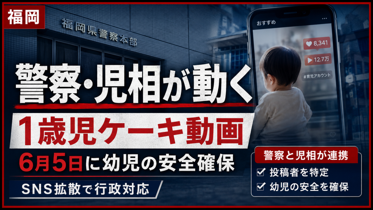 福岡県内で1歳前後の幼児の顔面ケーキ動画がSNSで拡散し警察と児童相談所が幼児の安全を確保した問題を伝える報道アイキャッチ