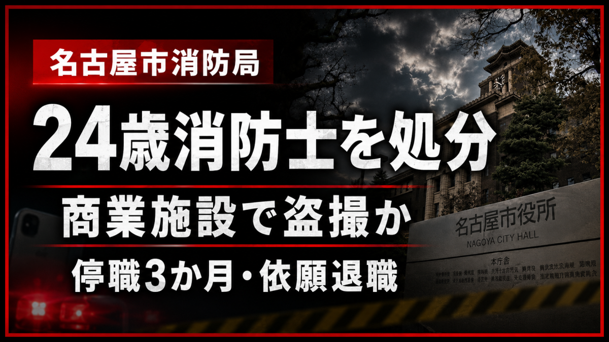 名古屋市消防局の24歳男性消防士が名古屋駅近くの大型商業施設で女性7〜8人を盗撮したとして停職3か月の懲戒処分を受けた事件を伝える報道アイキャッチ