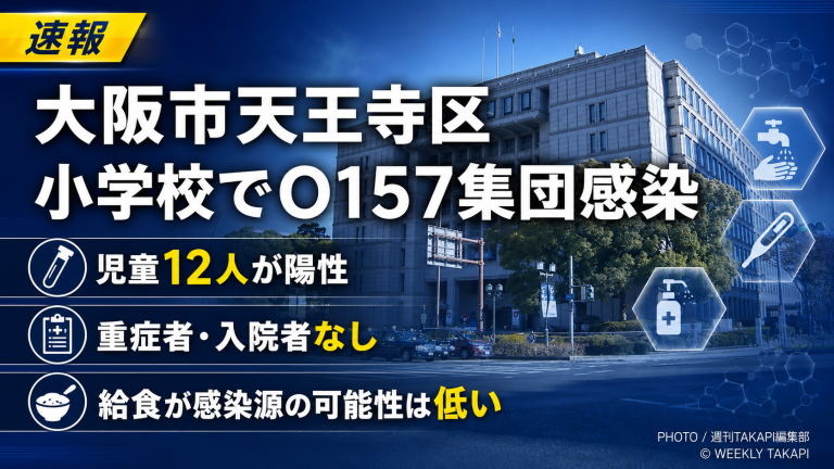 大阪市天王寺区の市立小学校で腸管出血性大腸菌O157による集団感染が確認され、児童12人が陽性となった問題を伝える報道用アイキャッチ