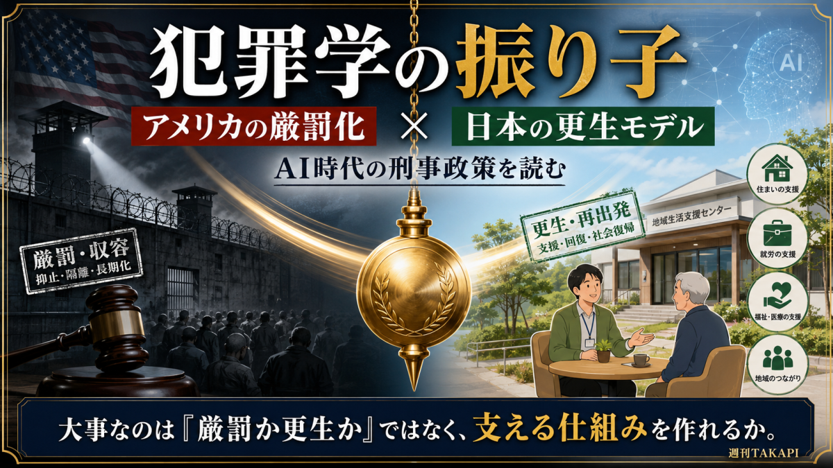 犯罪学の振り子をテーマに、アメリカの厳罰化と日本の更生モデル、AI時代の刑事政策を対比したジャーナルコラム用アイキャッチ画像