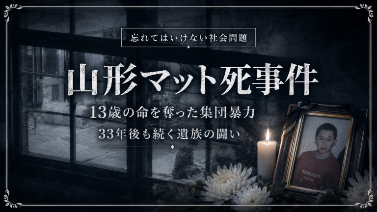 山形マット死事件を示す体育館用具室と体操用マット、白い花の報道イメージ