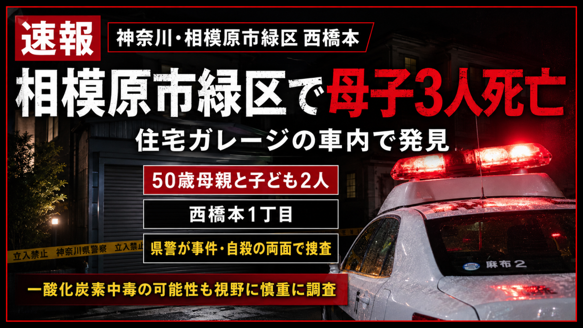 神奈川県相模原市緑区西橋本の住宅ガレージで母子3人が車内で死亡して見つかった事案を伝える報道アイキャッチ。住宅街のガレージ、停止した乗用車、警察の規制線、赤色灯を背景に、50歳母親と小中学生の子ども2人が亡くなった重大事案を慎重な報道トーンで表現している。
