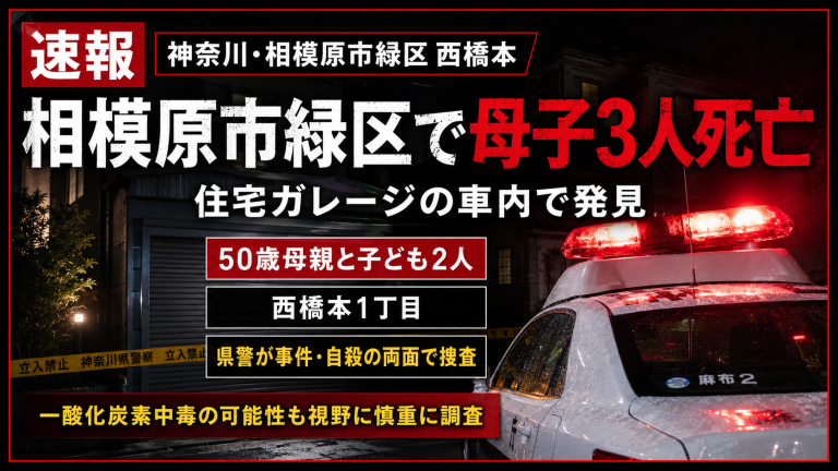 神奈川県相模原市緑区西橋本の住宅ガレージで母子3人が車内で死亡して見つかった事案を伝える報道アイキャッチ。住宅街のガレージ、停止した乗用車、警察の規制線、赤色灯を背景に、50歳母親と小中学生の子ども2人が亡くなった重大事案を慎重な報道トーンで表現している。
