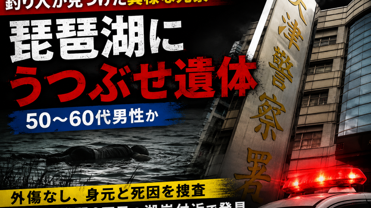 滋賀県大津市雄琴6丁目の琵琶湖岸付近で50〜60代とみられる男性遺体がうつぶせで浮いている状態で発見されたことを伝える報道アイキャッチ