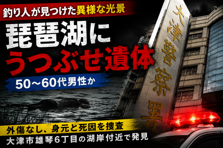 滋賀県大津市雄琴6丁目の琵琶湖岸付近で50〜60代とみられる男性遺体がうつぶせで浮いている状態で発見されたことを伝える報道アイキャッチ