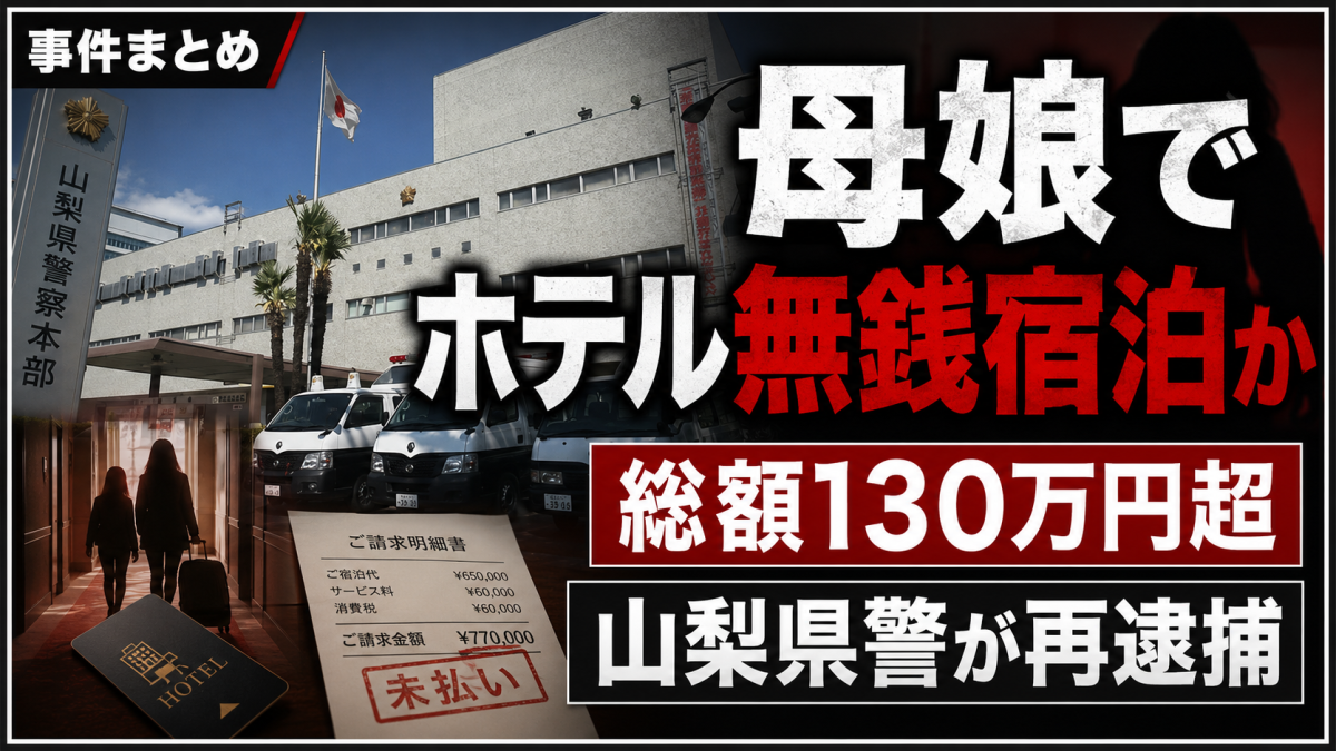 山梨県で母娘2人がホテルに長期間宿泊し、宿泊代や飲食代を支払わなかった疑いで再逮捕された事件を伝える報道アイキャッチ画像。甲府市や笛吹市のホテル無銭宿泊、被害総額130万円超の可能性を表現している。