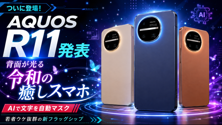 シャープの新スマホAQUOS R11が背面発光機能アカリウムとAI文字マスク機能プライバシーセーフを搭載したことを伝えるガジェット系アイキャッチ
