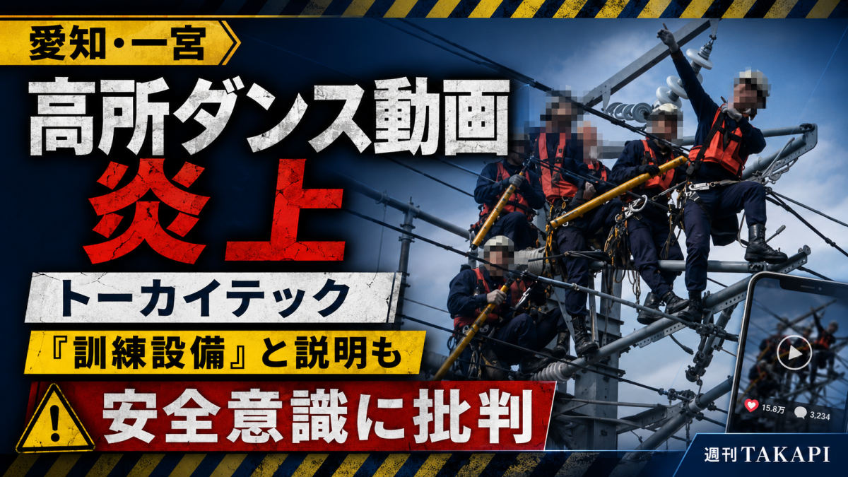 愛知県一宮市のトーカイテックが投稿した高所ダンス動画をめぐりSNSで批判が広がった問題の報道用アイキャッチ