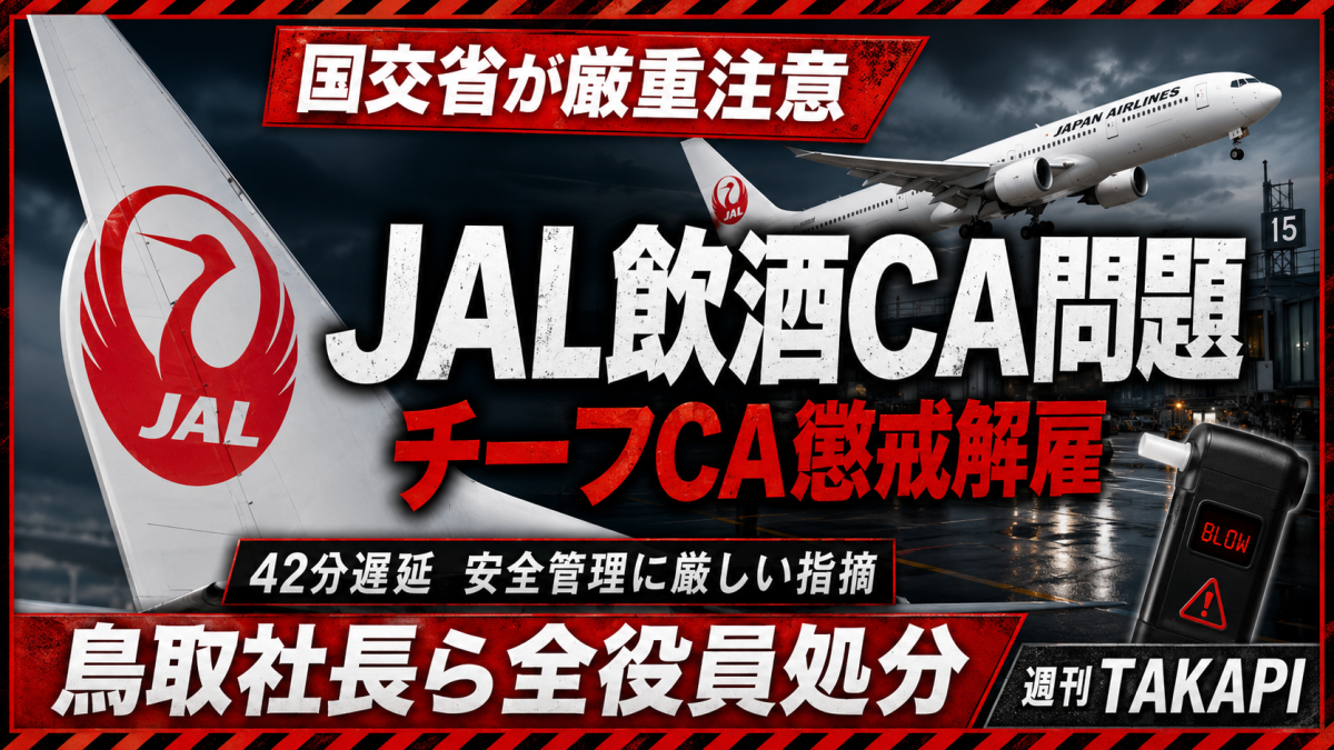 JALの客室乗務員飲酒問題で国交省が厳重注意を行い、チーフCAの懲戒解雇と鳥取社長ら全役員処分が発表されたことを伝える週刊TAKAPIの報道アイキャッチ