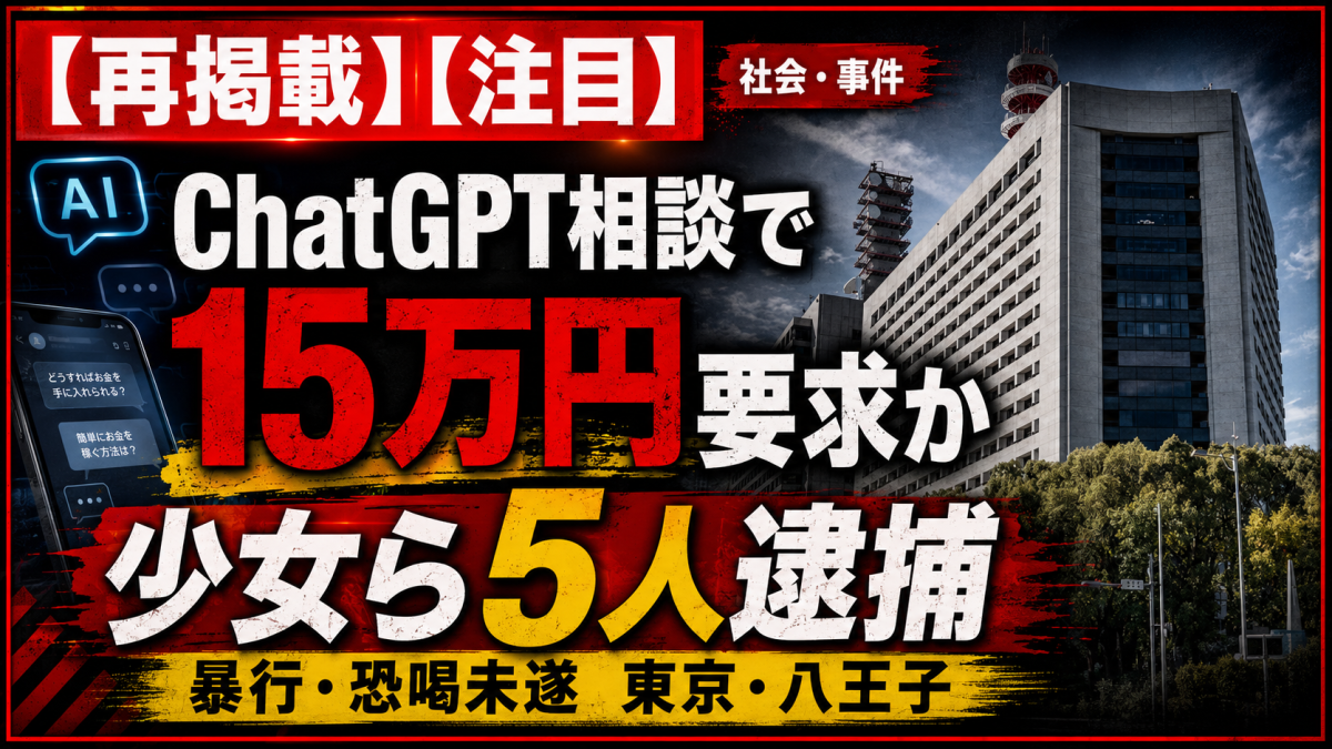 八王子市で起きた恐喝未遂事件を伝える報道アイキャッチ画像。女子高生ら5人が男子高校生に暴行を加え、ChatGPTで調べた示談金相場をもとに15万円を要求した疑いを表現したビジュアル。