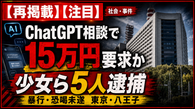 八王子市で起きた恐喝未遂事件を伝える報道アイキャッチ画像。女子高生ら5人が男子高校生に暴行を加え、ChatGPTで調べた示談金相場をもとに15万円を要求した疑いを表現したビジュアル。