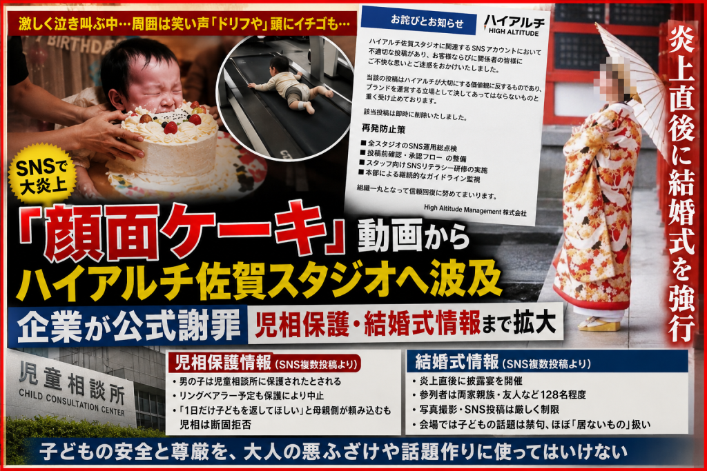 顔面ケーキ動画とハイアルチ佐賀関連投稿のSNS炎上を伝える報道イメージ