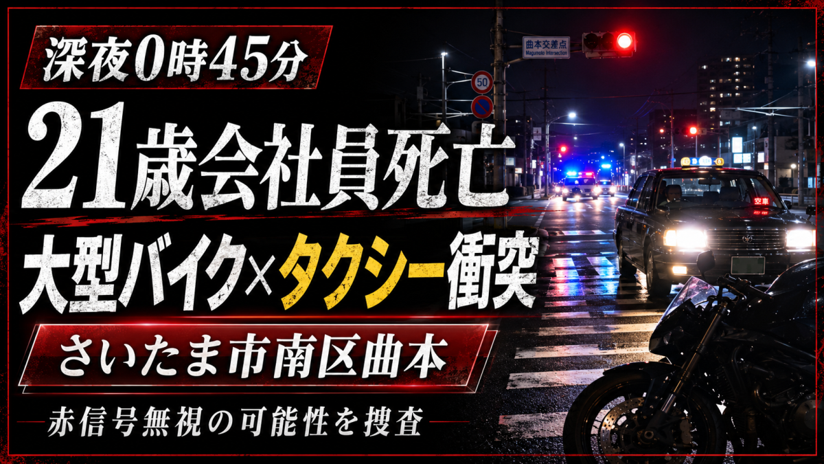 さいたま市南区曲本の信号交差点で大型バイクとタクシーが衝突し、21歳会社員が死亡した交通事故を伝える報道アイキャッチ