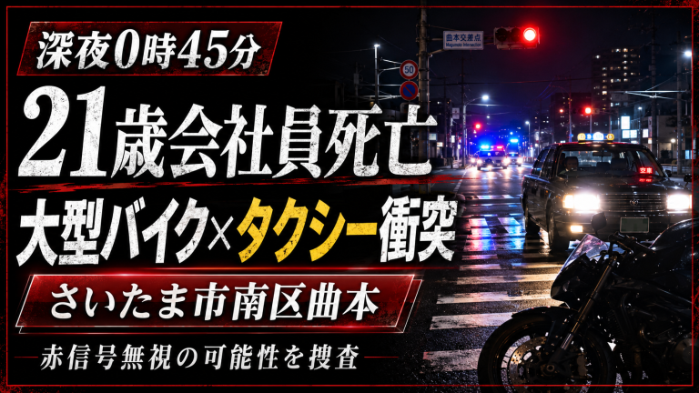 さいたま市南区曲本の信号交差点で大型バイクとタクシーが衝突し、21歳会社員が死亡した交通事故を伝える報道アイキャッチ