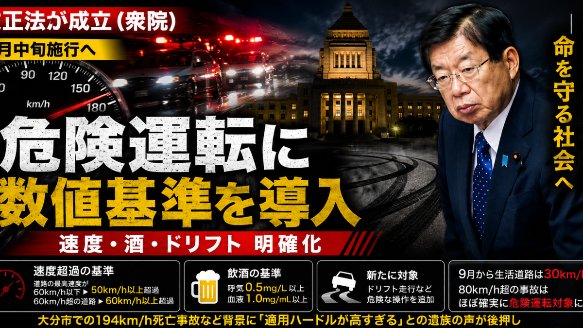 危険運転致死傷罪に速度超過や飲酒量の数値基準を導入する改正法成立を伝える報道アイキャッチ