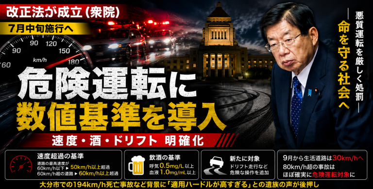 危険運転致死傷罪に速度超過や飲酒量の数値基準を導入する改正法成立を伝える報道アイキャッチ