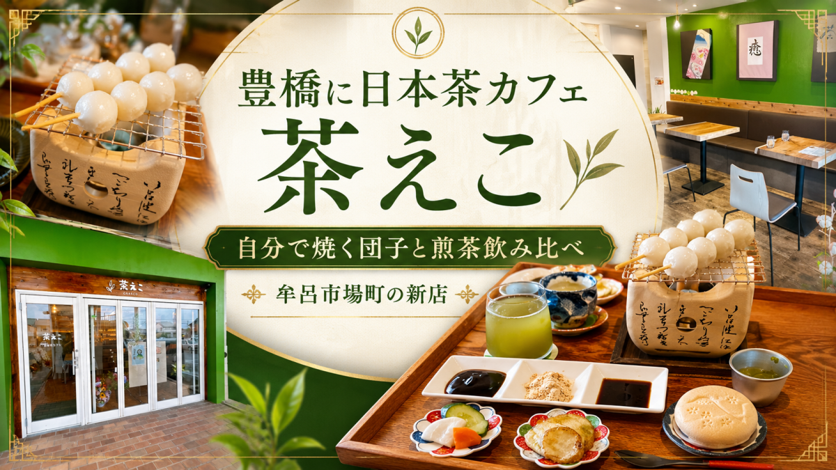 豊橋市牟呂市場町の日本茶カフェ茶えこのまったりセット。焼き団子、煎茶、黒蜜、きな粉、みたらし、最中を楽しめる和スイーツセット