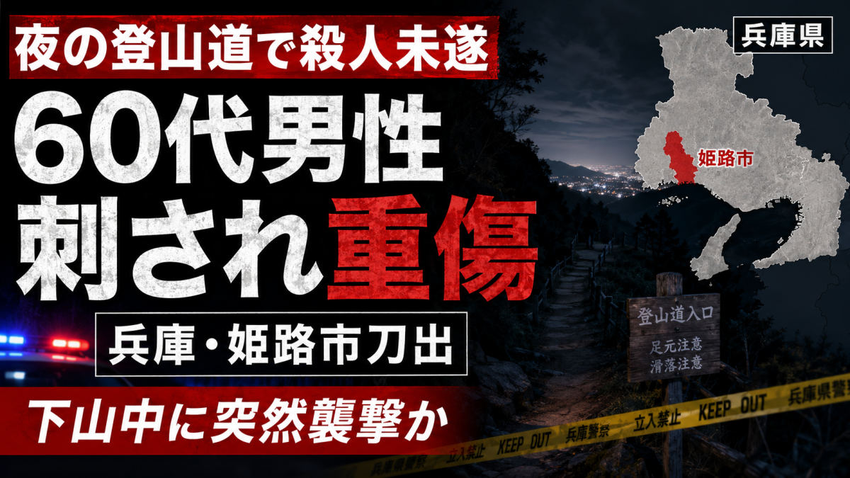 兵庫県姫路市刀出の登山道で60代男性が腹部を刺され重傷を負った殺人未遂事件を伝える週刊TAKAPIの報道アイキャッチ画像
