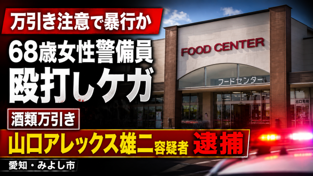 愛知県みよし市のスーパーで、万引きを注意した68歳の女性警備員が暴行を受けた事件を伝える報道用アイキャッチ