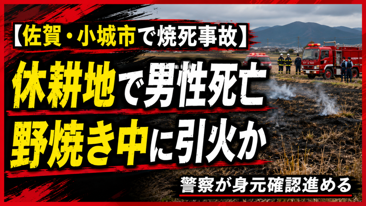 佐賀県小城市小城町岩蔵の休耕地で身元不明の男性が死亡し野焼き中に火が衣服へ燃え移った可能性がある事故を伝える報道アイキャッチ