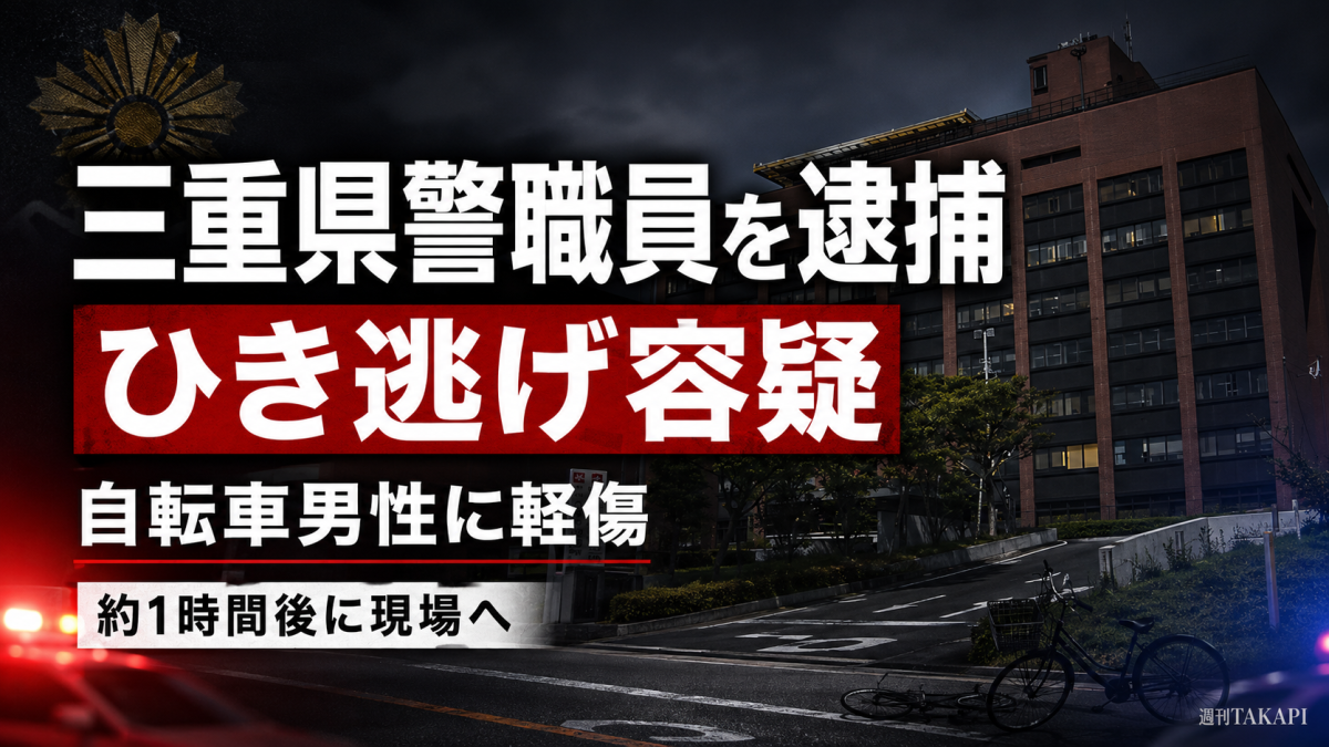 三重県津市で三重県警本部職員が自転車男性に軽傷を負わせたまま現場を離れたとしてひき逃げ容疑で逮捕された事件の報道アイキャッチ