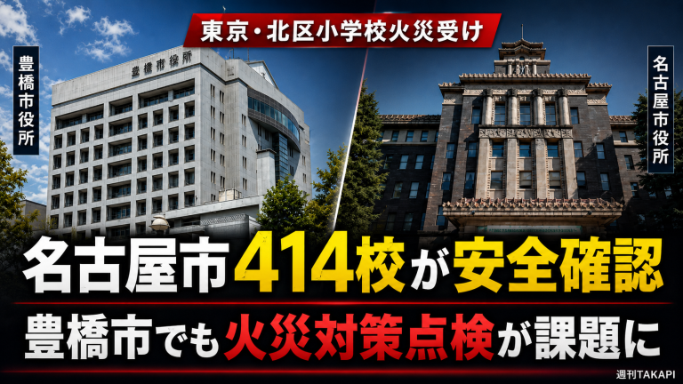 豊橋市役所と名古屋市役所の建物写真を並べ、「名古屋市414校が安全確認」「豊橋市でも火災対策点検が課題に」と大きく表示した報道アイキャッチ