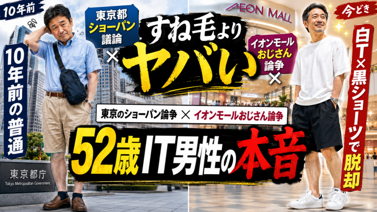 都庁の短パン解禁とイオンモールおじさん論争をテーマに、52歳IT男性が短パンやすね毛、ボディバッグ、清潔感について本音で語るエンタメ記事のアイキャッチ