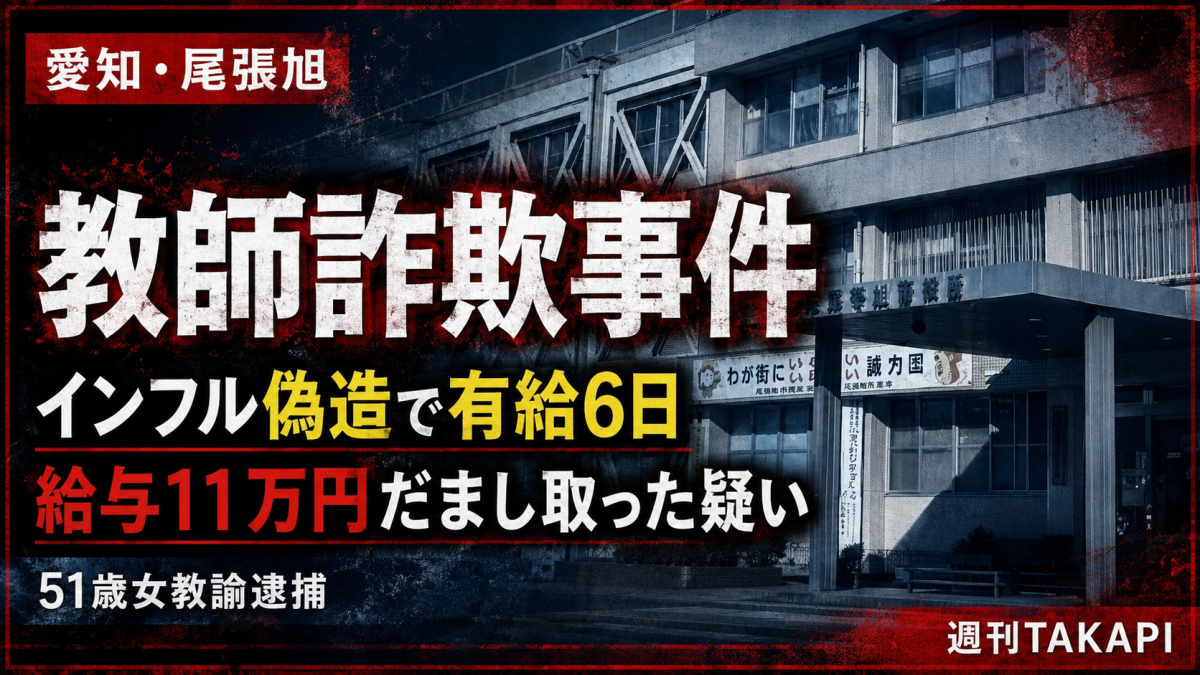 愛知県尾張旭市の市立小学校に勤務する51歳女性教諭が、インフルエンザ検査結果を偽造して有給休暇を取得し、給与約11万円をだまし取った疑いで逮捕された事件を伝える報道画像
