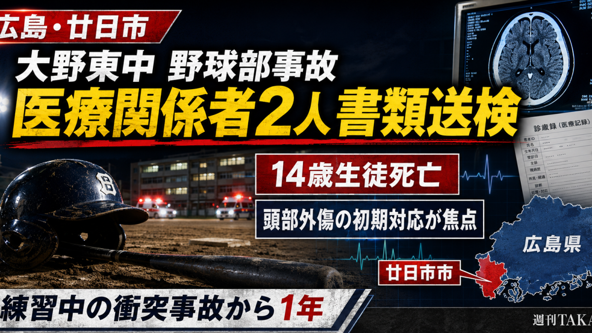 広島県廿日市市の大野東中学校野球部で起きた練習中の衝突事故をめぐり、14歳男子生徒死亡後に医療関係者2人が書類送検されたことを伝える報道アイキャッチ