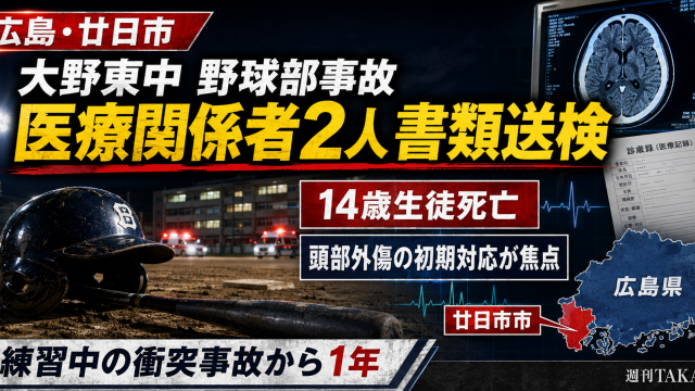 広島県廿日市市の大野東中学校野球部で起きた練習中の衝突事故をめぐり、14歳男子生徒死亡後に医療関係者2人が書類送検されたことを伝える報道アイキャッチ