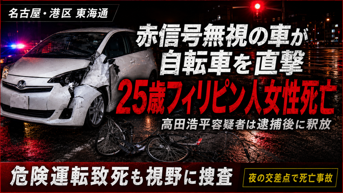 名古屋市港区東海通の夜の交差点で発生した死亡事故をイメージしたアイキャッチ。大破した白い乗用車と倒れた自転車を背景に、赤信号無視の車が25歳フィリピン人女性を直撃し死亡、高田浩平容疑者が逮捕後に釈放された問題を伝えている。
