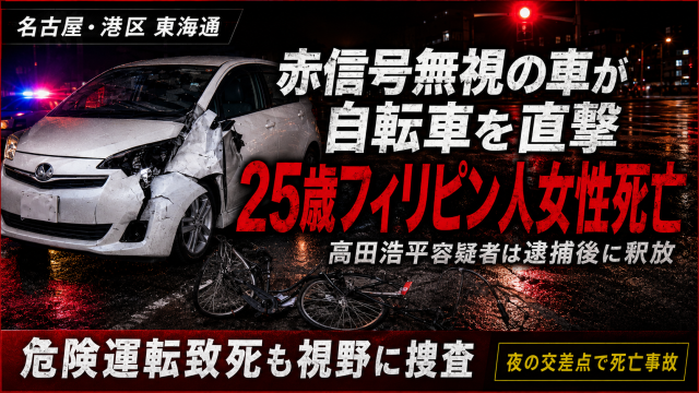 名古屋市港区東海通の夜の交差点で発生した死亡事故をイメージしたアイキャッチ。大破した白い乗用車と倒れた自転車を背景に、赤信号無視の車が25歳フィリピン人女性を直撃し死亡、高田浩平容疑者が逮捕後に釈放された問題を伝えている。