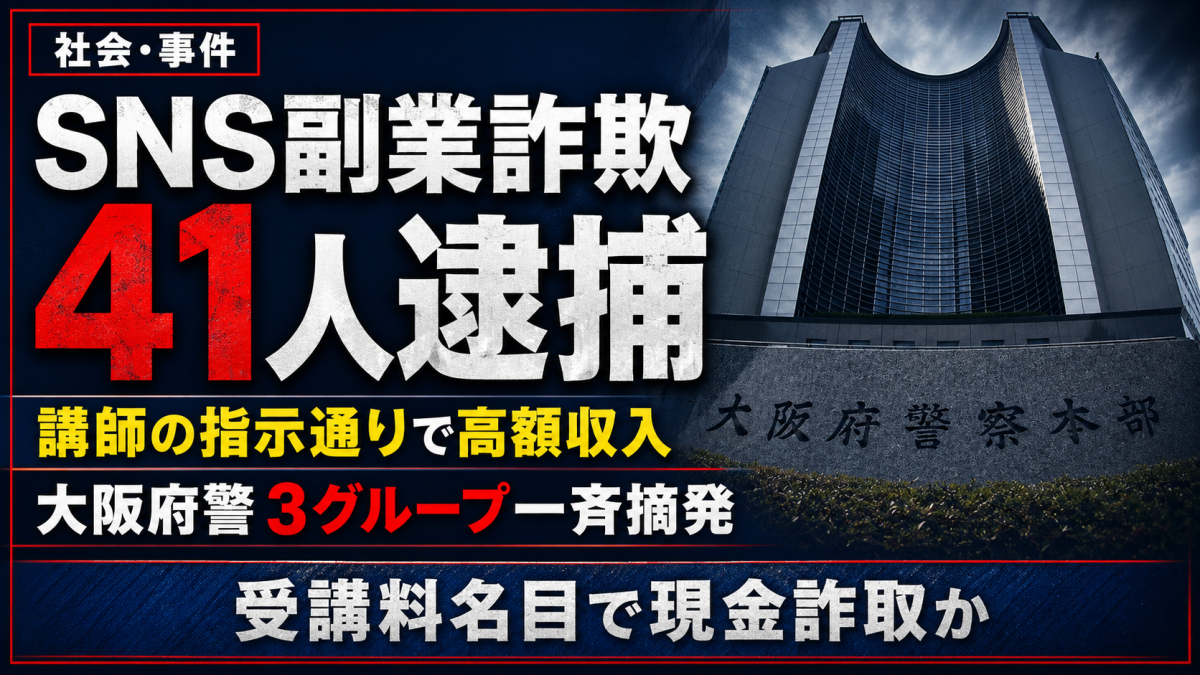 スマートフォンのSNS画面と警察の摘発を想起させる背景に、SNS副業詐欺で41人逮捕と大きく表示した報道アイキャッチ