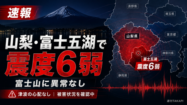 山梨県東部・富士五湖を震源とする地震で富士河口湖町が震度6弱を観測した速報アイキャッチ