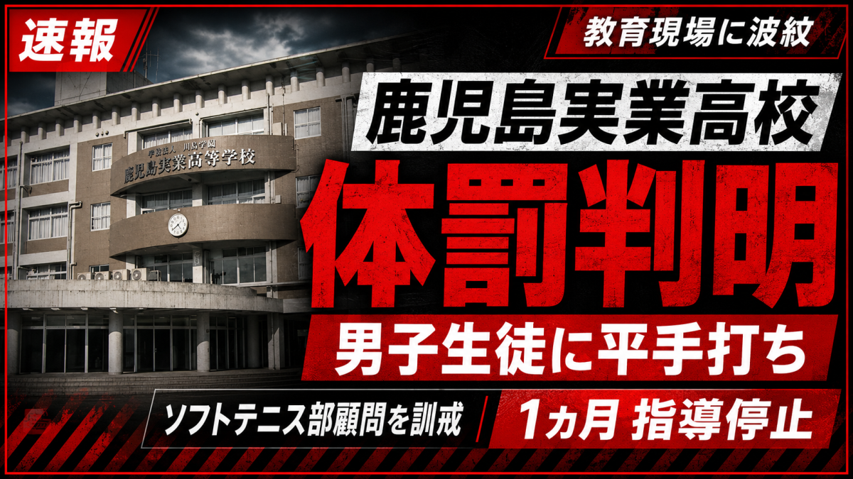 鹿児島実業高校ソフトテニス部の40代男性顧問が男子生徒に平手打ちする体罰を行い、訓戒処分と1カ月の部活動指導停止となった問題を伝える報道アイキャッチ。